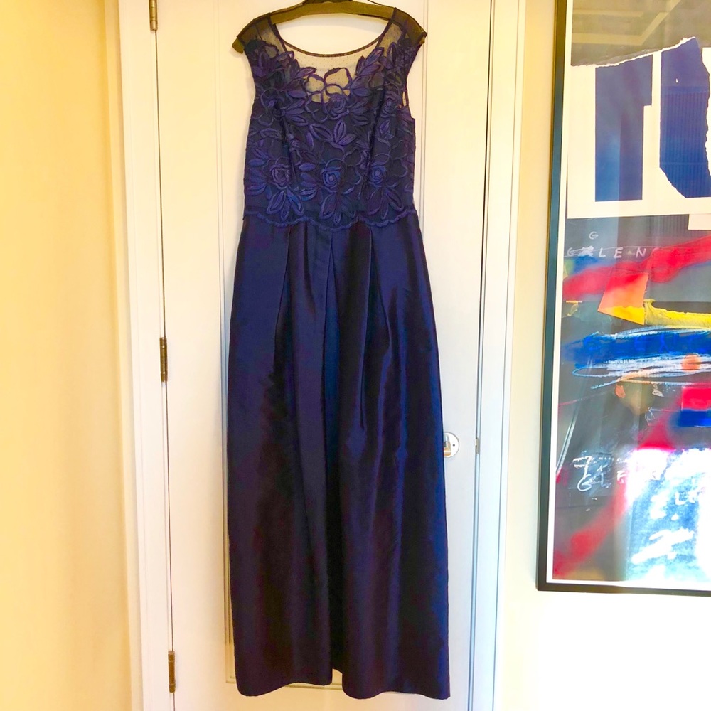 Blue Silk Evening Gown With Floral Details